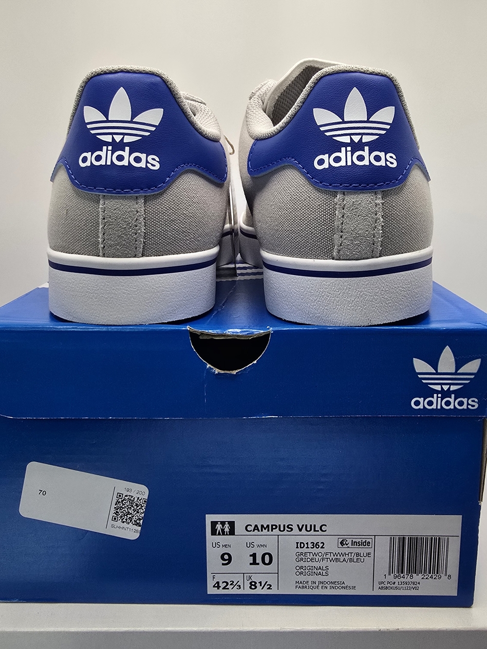 adidas Campus Vulc Light Gray and White Low-Top Sneaker with Blue Heel - Picture 5 of 6